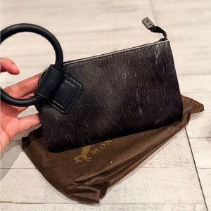 Montana West Genuine Hair-On Cowhide Ring Handle Wristlet Clutch Bag Black